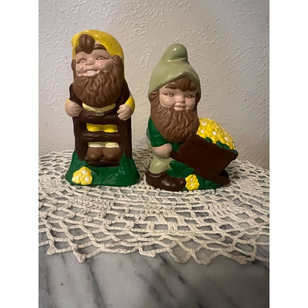 Vintage Hand-painted Ceramic Garden Gnomes- Set of 2